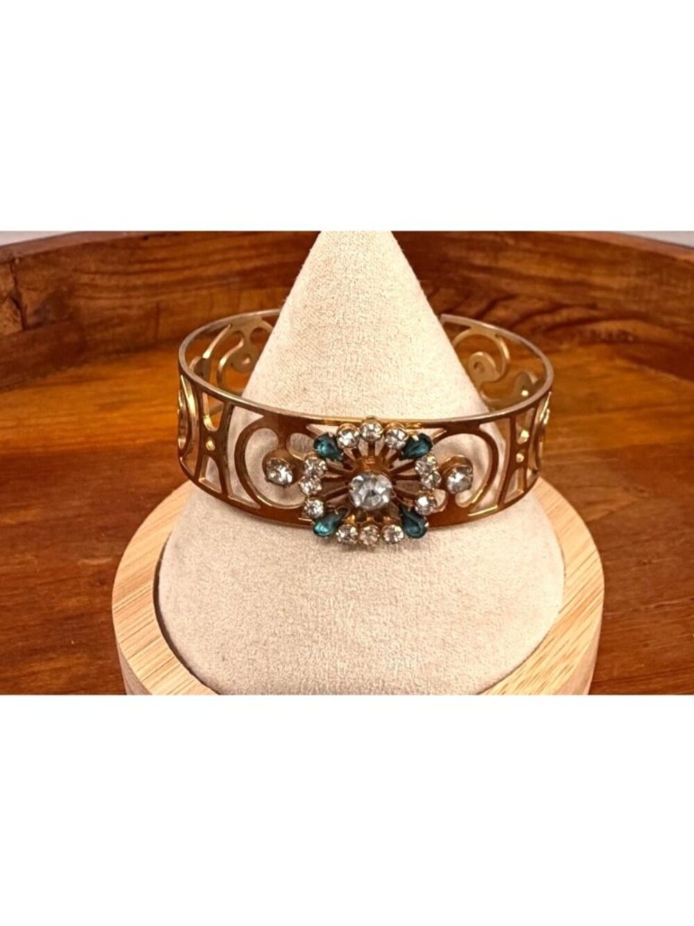 Vintage Gold Tone Openwork Filigree Cuff Bracelet, Blue and Clear Rhinestone Flo